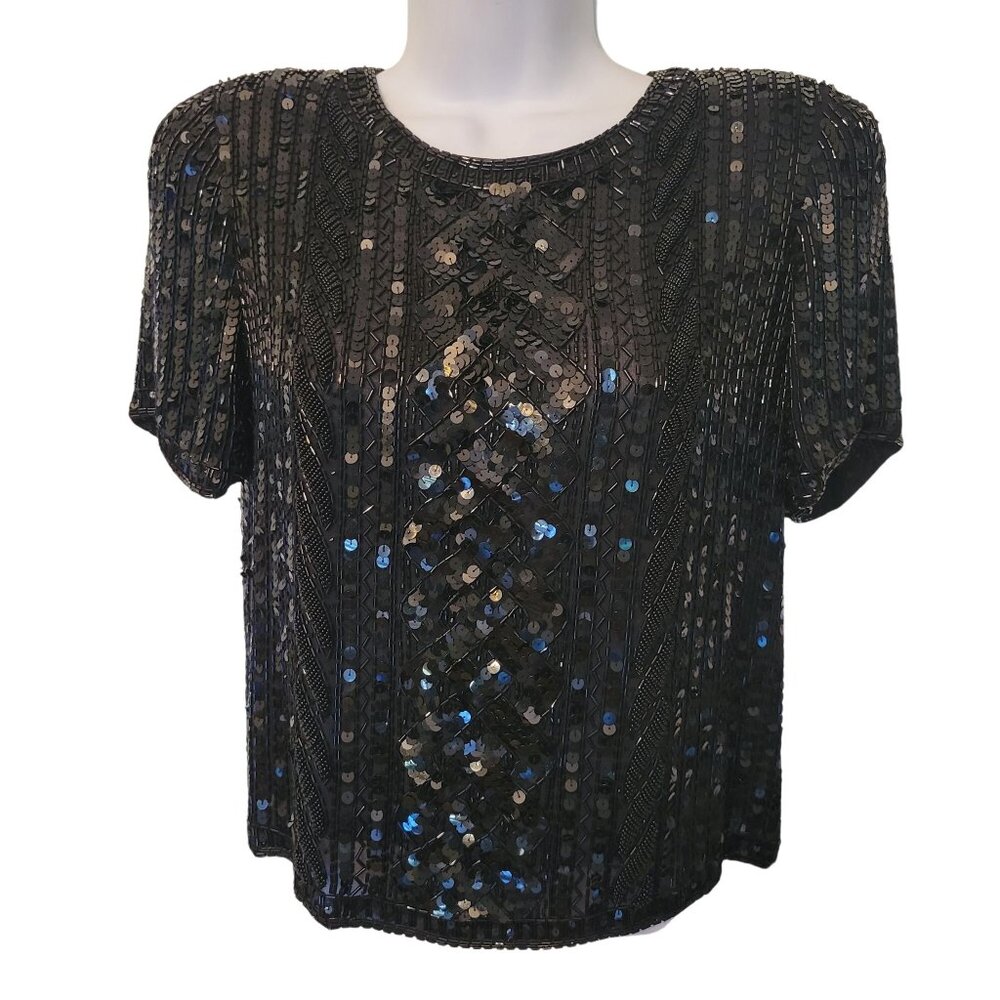 Vintage Emanuel Ungaro Black Sequin Silk Top S Formal Evening Prom Romantic